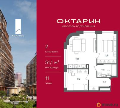 2-комн. квартира, 51.1 м&sup2;