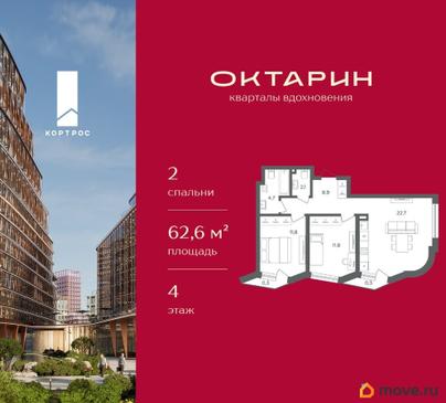 2-комн. квартира, 62.6 м&sup2;