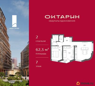 2-комн. квартира, 62.3 м&sup2;