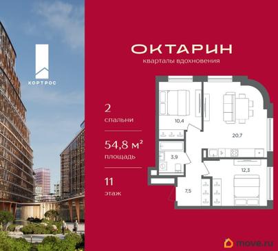 2-комн. квартира, 54.8 м&sup2;