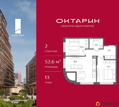 2-комн. квартира, 52.6 м&sup2;