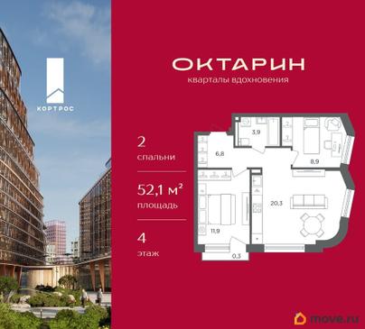 2-комн. квартира, 52.1 м&sup2;