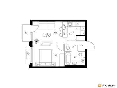 1-комн. квартира, 34.6 м&sup2;