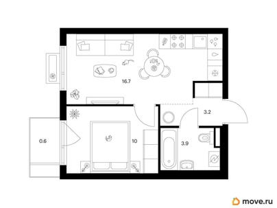 1-комн. квартира, 34.4 м&sup2;