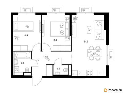 2-комн. квартира, 55.3 м&sup2;