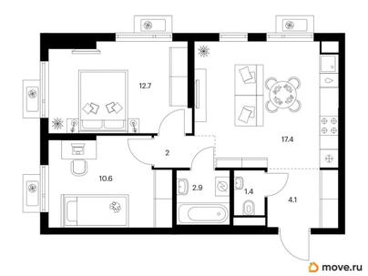 2-комн. квартира, 51.1 м&sup2;