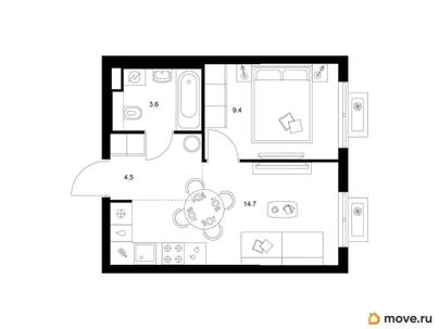 1-комн. квартира, 32.2 м&sup2;