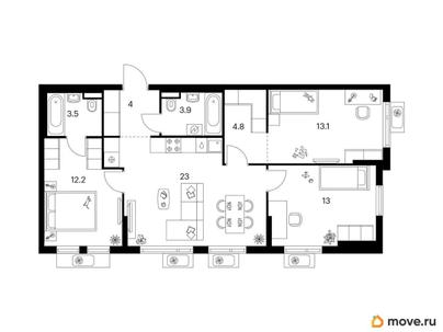 3-комн. квартира, 77.5 м&sup2;
