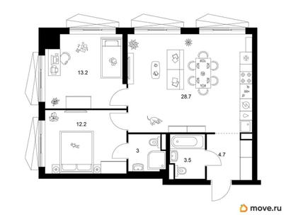 2-комн. квартира, 65.3 м&sup2;