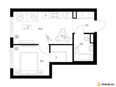 1-комн. квартира, 33.4 м&sup2;