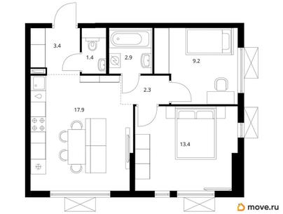 2-комн. квартира, 50.5 м&sup2;