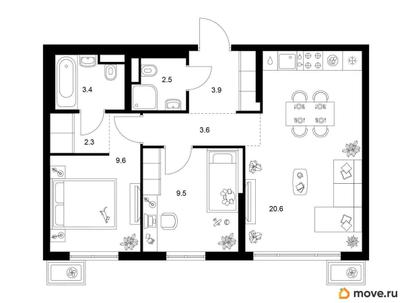 2-комн. квартира, 55.4 м&sup2;