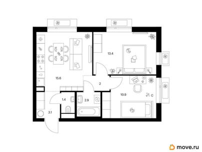 2-комн. квартира, 49.3 м&sup2;