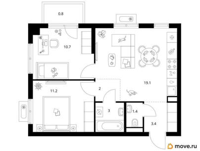 2-комн. квартира, 51.6 м&sup2;