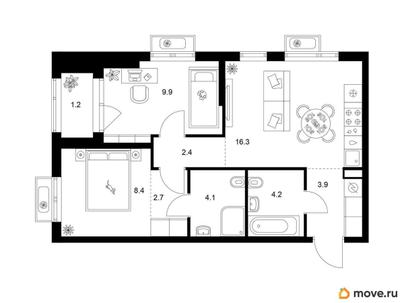 2-комн. квартира, 53.1 м&sup2;