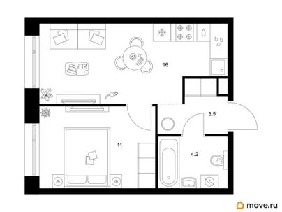 1-комн. квартира, 34.7 м&sup2;