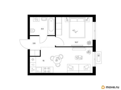 1-комн. квартира, 34.1 м&sup2;