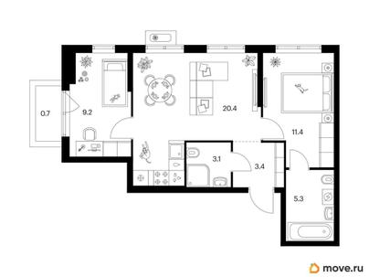 2-комн. квартира, 53.5 м&sup2;