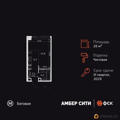 студия, 28.5 м&sup2;