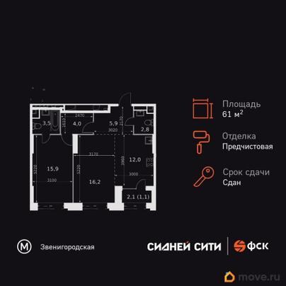 2-комн. квартира, 61.4 м&sup2;
