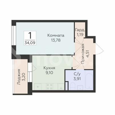 1-комн. квартира, 34.1 м&sup2;