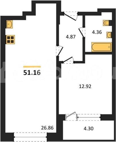 1-комн. квартира, 51.2 м&sup2;
