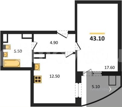 1-комн. квартира, 43.1 м&sup2;