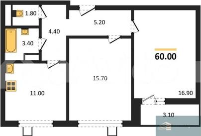 2-комн. квартира, 60 м&sup2;