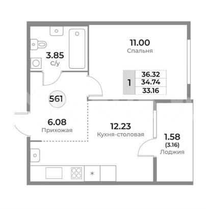 1-комн. квартира, 37.7 м&sup2;